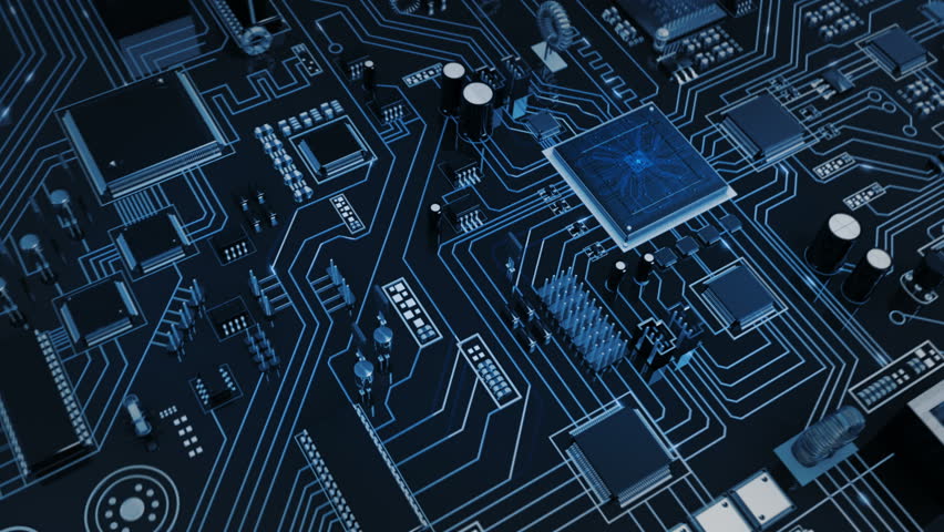 Flying over a futuristic circuit board with moving electrons ending on the CPU. Transparent blue. Technology background. This video is loopable from frame 588 to 851. More options in my portfolio. Royalty-Free Stock Footage #11748722