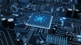 Flying over a futuristic circuit board with moving electrons ending on the CPU. Transparent blue. Technology background. This video is loopable from frame 588 to 851. More options in my portfolio. - Powered by Shutterstock - Get 15% off with code: PIKWIZARD15