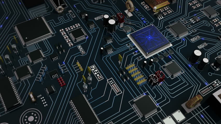 Flying over a futuristic circuit board with moving electrons ending on the CPU. Blue. Technology background. This video is loopable from frame 588 to 851. More options in my portfolio. Royalty-Free Stock Footage #11748728