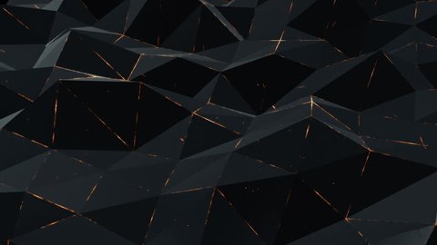 Abstract background with animation moving of dark triangles with glowing track of lava on their surfaces. Technologic backdrop with plastic surface with neon stripes. Animation of seamless loop.