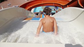 Young Boy Riding On White Water Slide To The Pool. Aquapark, Water Park, Holidays, Hotel, Happiness, Summer. HD, Size: 1080p (1920x1080), Sound: No 