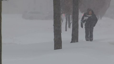 Ontario, Canada January 2013 Diverse people walking in blizzard snow wind  cold weather in major winter storm
