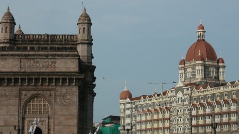 Mumbai, India: September 8,2015: 4K footage of Gateway of India and Hotel Taj Mahal Palace, shot from a Ferry boat on September 8, 2015.