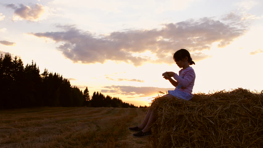 Little girl sitting in a wheat field on a haystack. A child playing with a tablet. 4K 30fps ProRes (HQ)