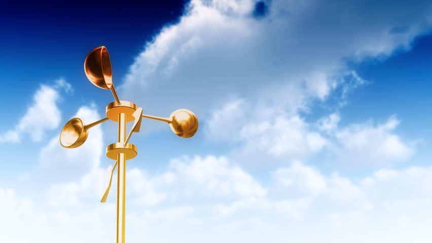 Gold Anemometer (Loop). Wind Meter spinning in loop. Cloudscape timelapse in background.