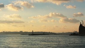 View of Historic peninsula and nostalgic passenger ships from Kadikoy pier,Istanbul Turkey.Time lapse video of  beautiful clouds and the passenger ships sailing.