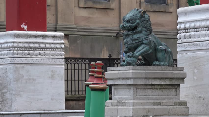 4k china town statue Chinese guardian lions also know as shi or foo dogs