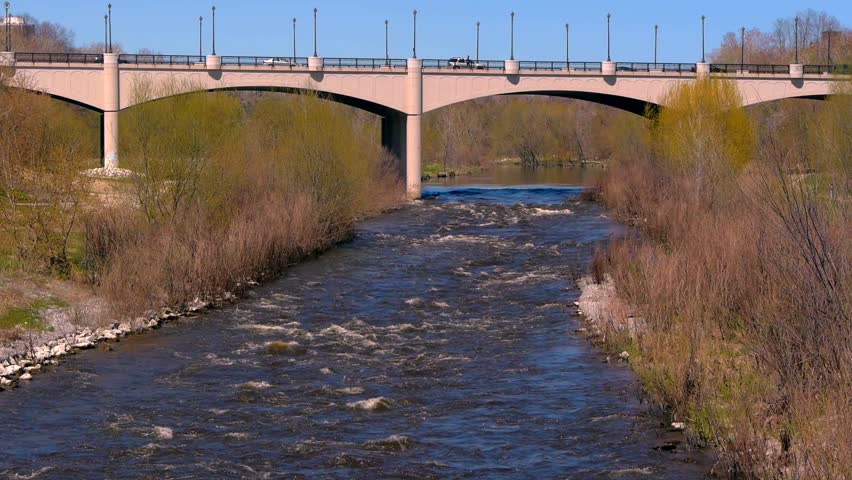 The Milwaukee River flowing south underneath the North Ave bridge in Milwaukee, Wisconsin.