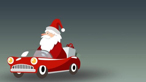 Cute animated Santa Claus driving retro sports car with gifts, seamless loop, flash 2D animation