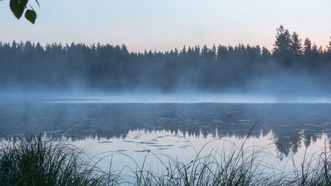 Panning timelapse shot of a calm and foggy lake in early morning.