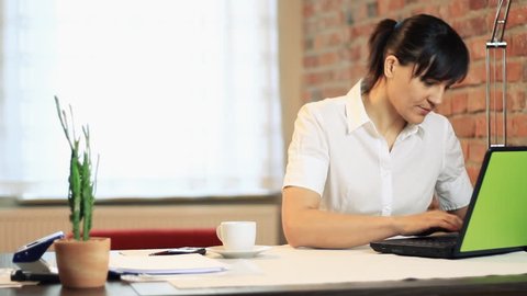Young businesswoman working on laptop and giving reprimand from boss