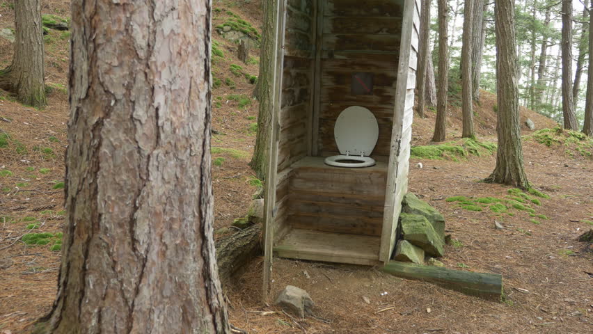 Outhouse in the woods. Flies buzzing around the seat. Camping in Killarney provincial park in Ontario, Canada.

