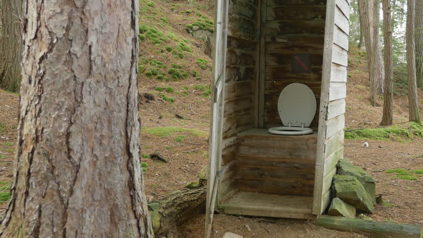 Outhouse in the woods. Flies buzzing around the seat. Camping in Killarney provincial park in Ontario, Canada.
