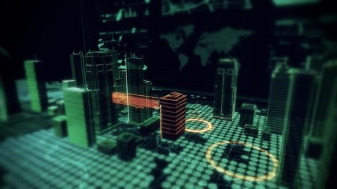 Security Access Scan over Holographic Cyber City displayed on top of Computer Laptop with Futuristic infographics and maps. 4K Resolution
