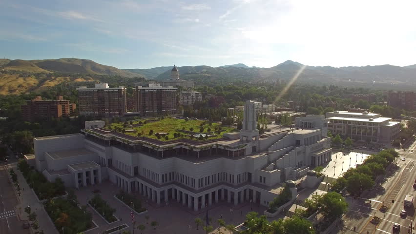 Aerial video of Salt Lake City, Utah. Capitol building and LDS Church.