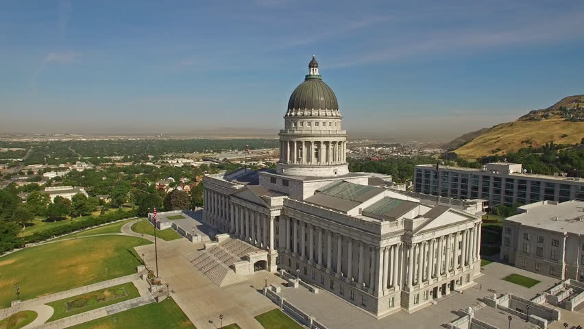 Aerial video of Salt Lake City, Utah. Capitol building and LDS Church.