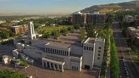 Aerial video of Salt Lake City, Utah. Capitol building and LDS Church.