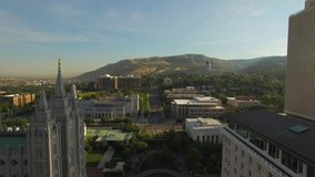 Aerial video of Salt Lake City, Utah. Capitol Building. LDS Church.