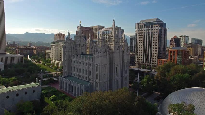 Aerial video of Salt Lake City, Utah. Capitol Building. LDS Church.