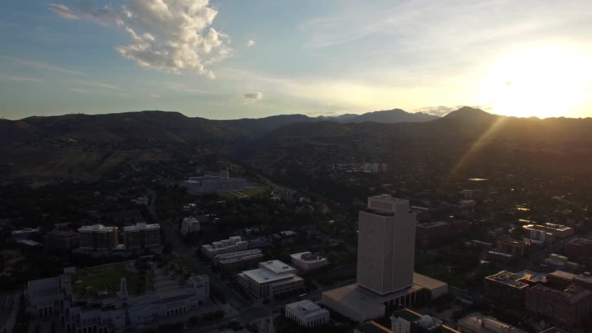 Aerial video of Salt Lake City, Utah. Capitol Building. LDS Church.