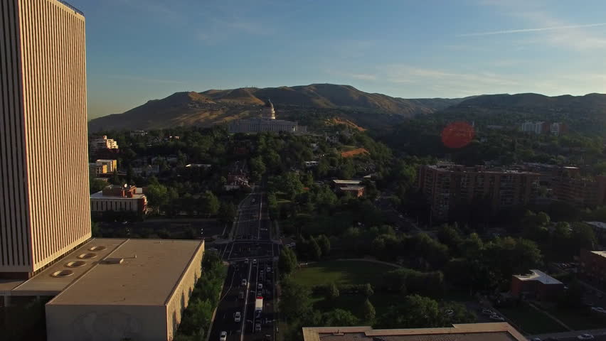 Aerial video of Salt Lake City, Utah. Capitol Building. LDS Church.