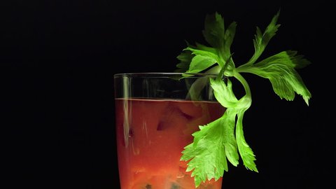 Turning stirrer stick
in Bloody Mary with celery leaves/closeup with black background
