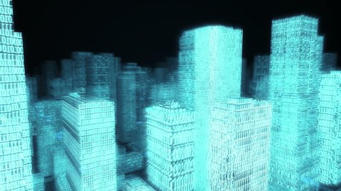 Seamless looping animation of a digital city with binary code