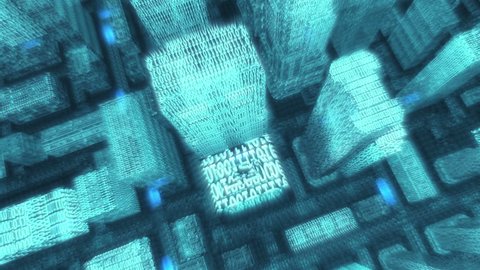 Seamless looping animation of a digital city with binary code top shot
