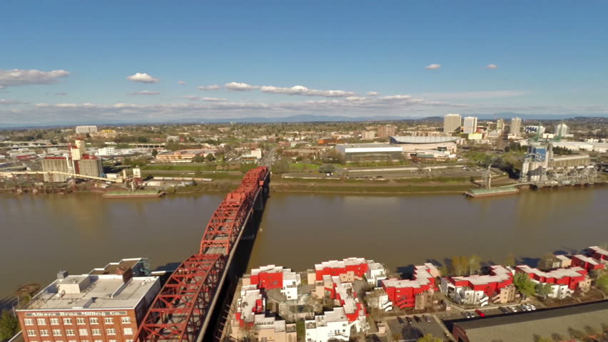 Aerial video in Portland, Oregon. Broadway Bridge.