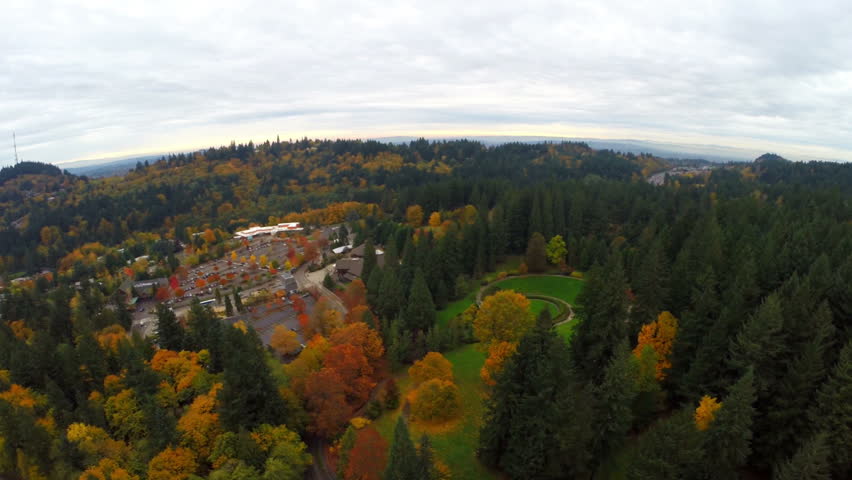 Aerial video of SW Portland hills in Oregon. Zoo and arboretum.
