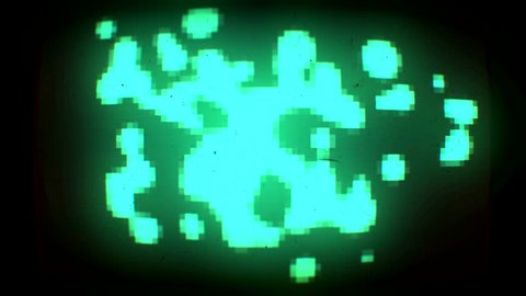 Green neon particles animation on black background with scratches on screen monitor 