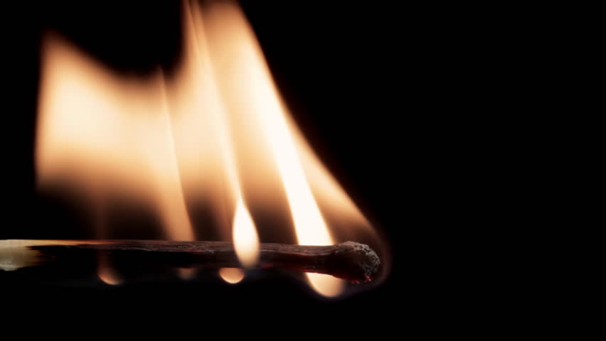 Household match igniting and burning down against black background