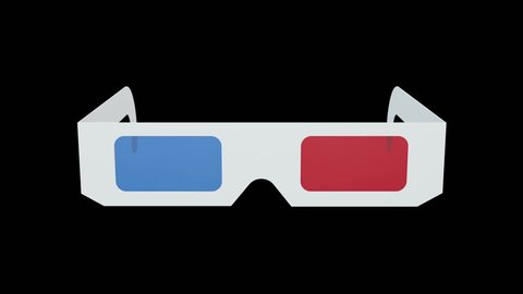 A pair of retro-style anaglyph 3D glasses rotates on black background. Alpha channel included. Seamless loop.
