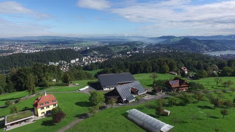 Aerial Footage of a solar powered roof top Central Switzerland, 4K, UHD