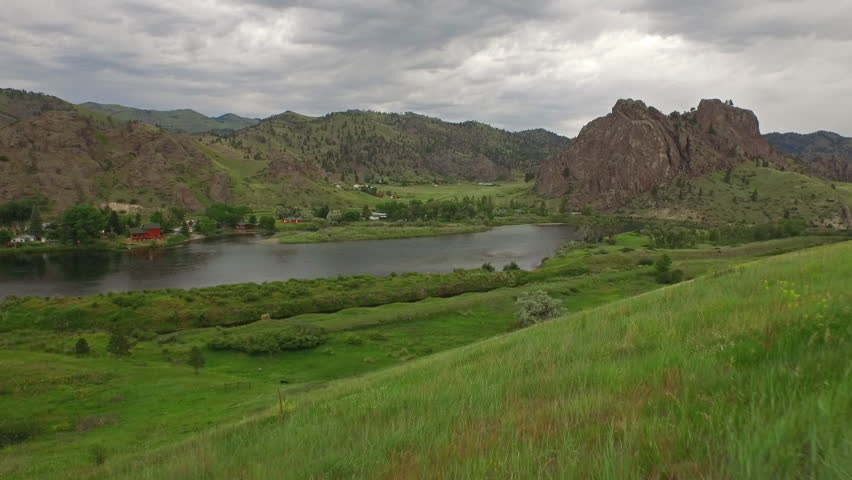 Aerial video of the Missouri river in the countryside of Montana.