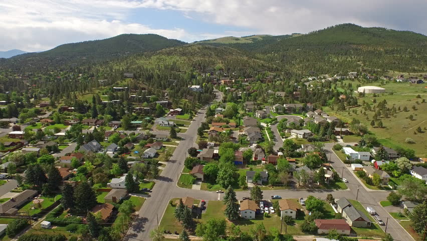Aerial video of a small town in Montana.
