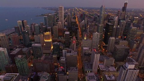 Aerial video of Chicago, Illinois at night. Sunset. Stock Video