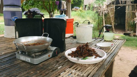 Deep frying grasshoppers in wok cooking: Basin of dead grasshoppers in the foreground, 