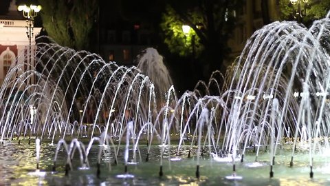 Night city fountain in the park with lighting