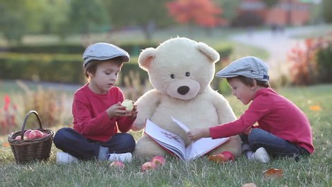 Two adorable little boys with his teddy bear friend in the park on sunset, nice back light