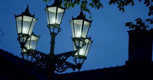 old-fashioned streetlight illuminating tree branches, stormy night