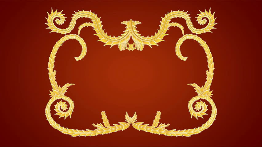 Growing golden elements forming a title framing red background. HD CG animation.