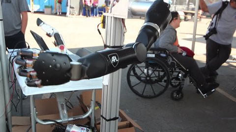POMONA, CA - JUNE 6, 2015: Johns Hopkins's Modular Prosthetic Arm replicating many human limb motions at the DARPA Robotics Challenge in Pomona, CA on June 6, 2015. It is currently being tested by amputees.