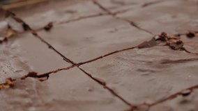 Glazed chocolate cake parts slow panning 4K 2160p 30fps UltraHD footage - Slow pan over cake flavored with melted chocolate close-up 4K 3840x2160 UHD video