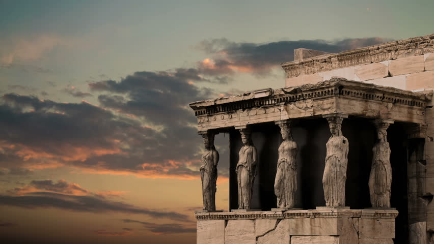 Caryatides, Erehtheio, Acropolis Timelapse - Athens, Greece, under sunset clouds