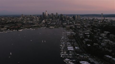 Evening aerial of Lake Union in Seattle, WA - September 11, 2015
Low altitude view of Seattle from Gasworks park area of Lake Union on a hazy early evening.