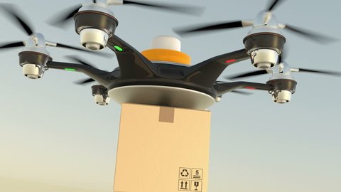 Hexacopter drones delivery cardboard packages in formation