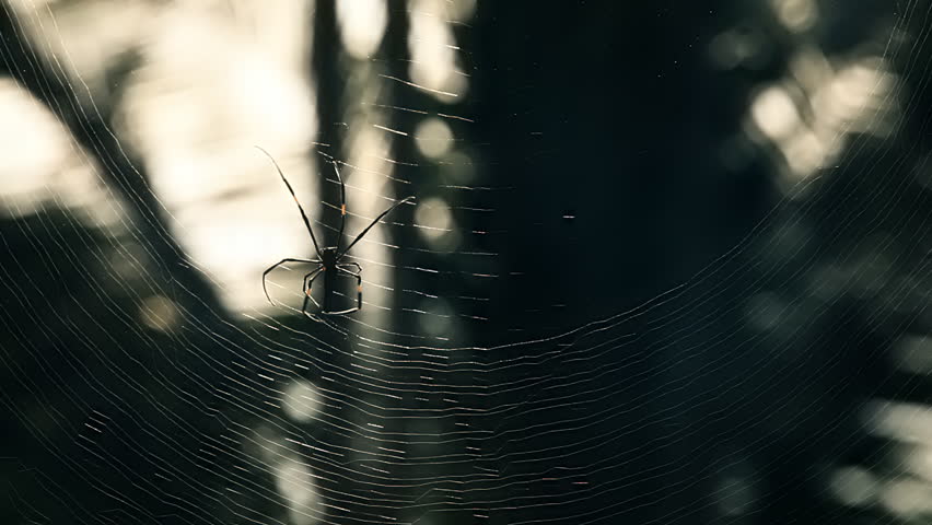 Close up of a spider working on its web and soft shapes of palms in background 