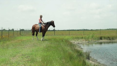 A girl and her horse take a refreshing dip in a large pond on a hot windy summer day.