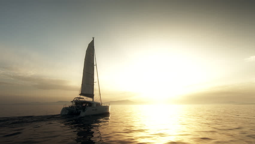 Catamaran Sailing Towards The Sun Royalty-Free Stock Footage #11920367